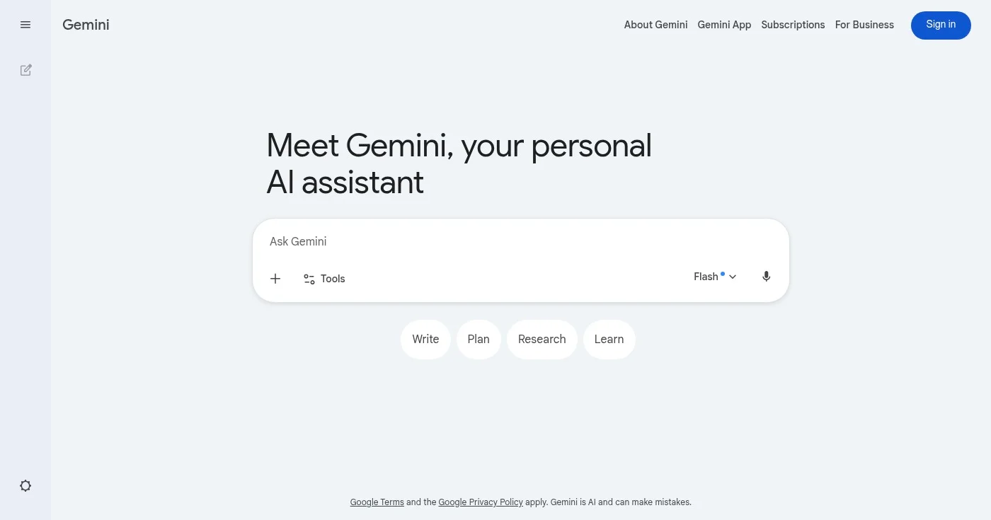 Gemini Advanced AI text generator homepage
