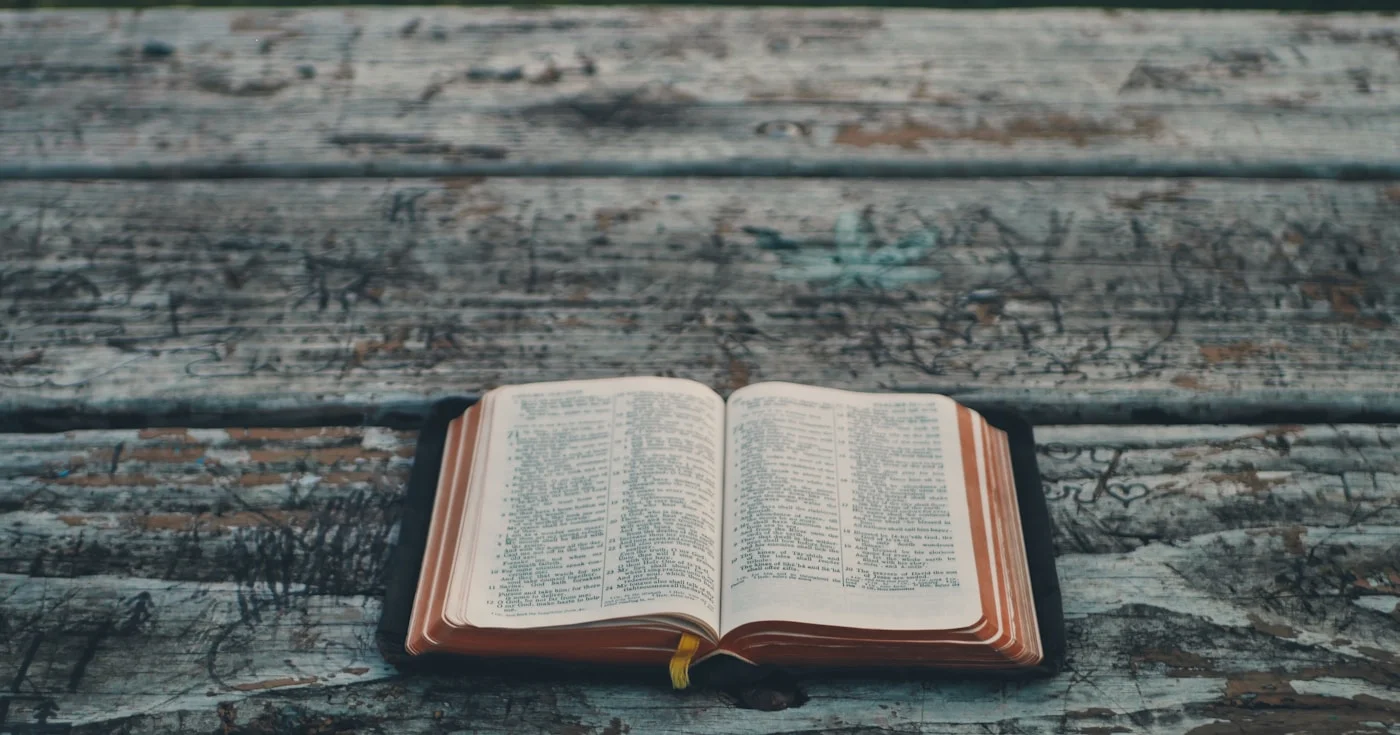 Open hardcover book on a weathered wooden table