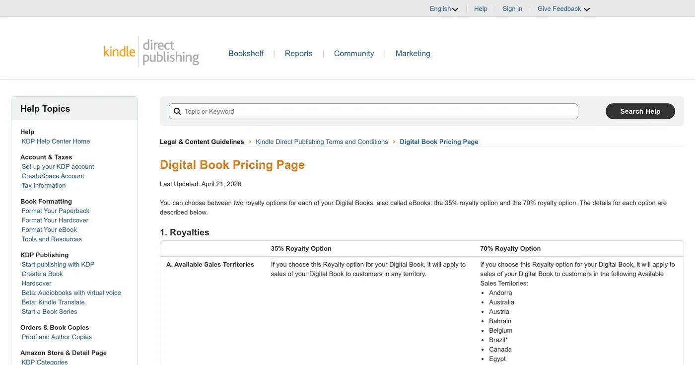 KDP royalties help page showing the 35% and 70% royalty tier options