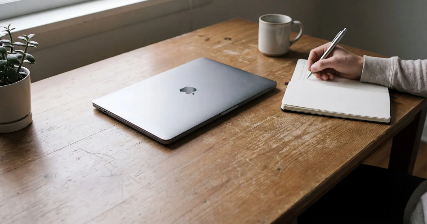 Person working at desk with laptop and notebook