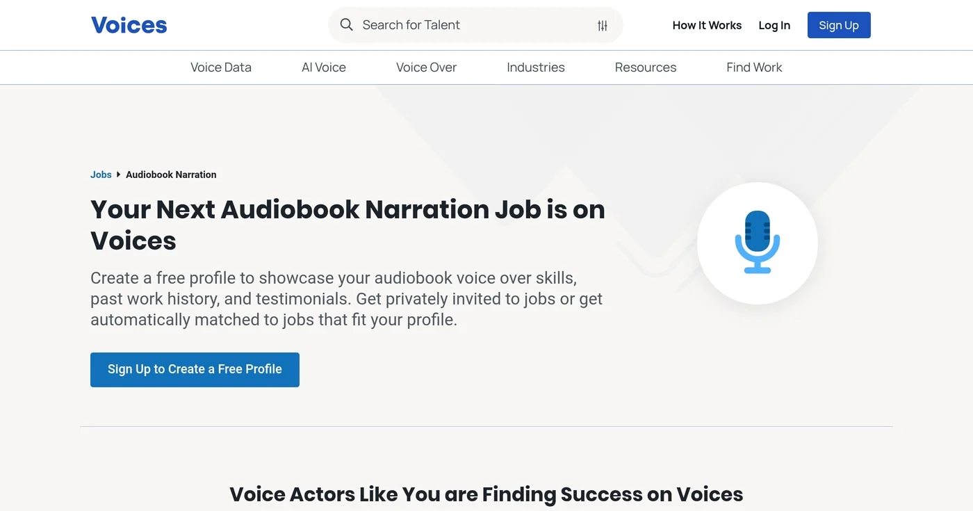 Voices.com audiobook narration jobs page