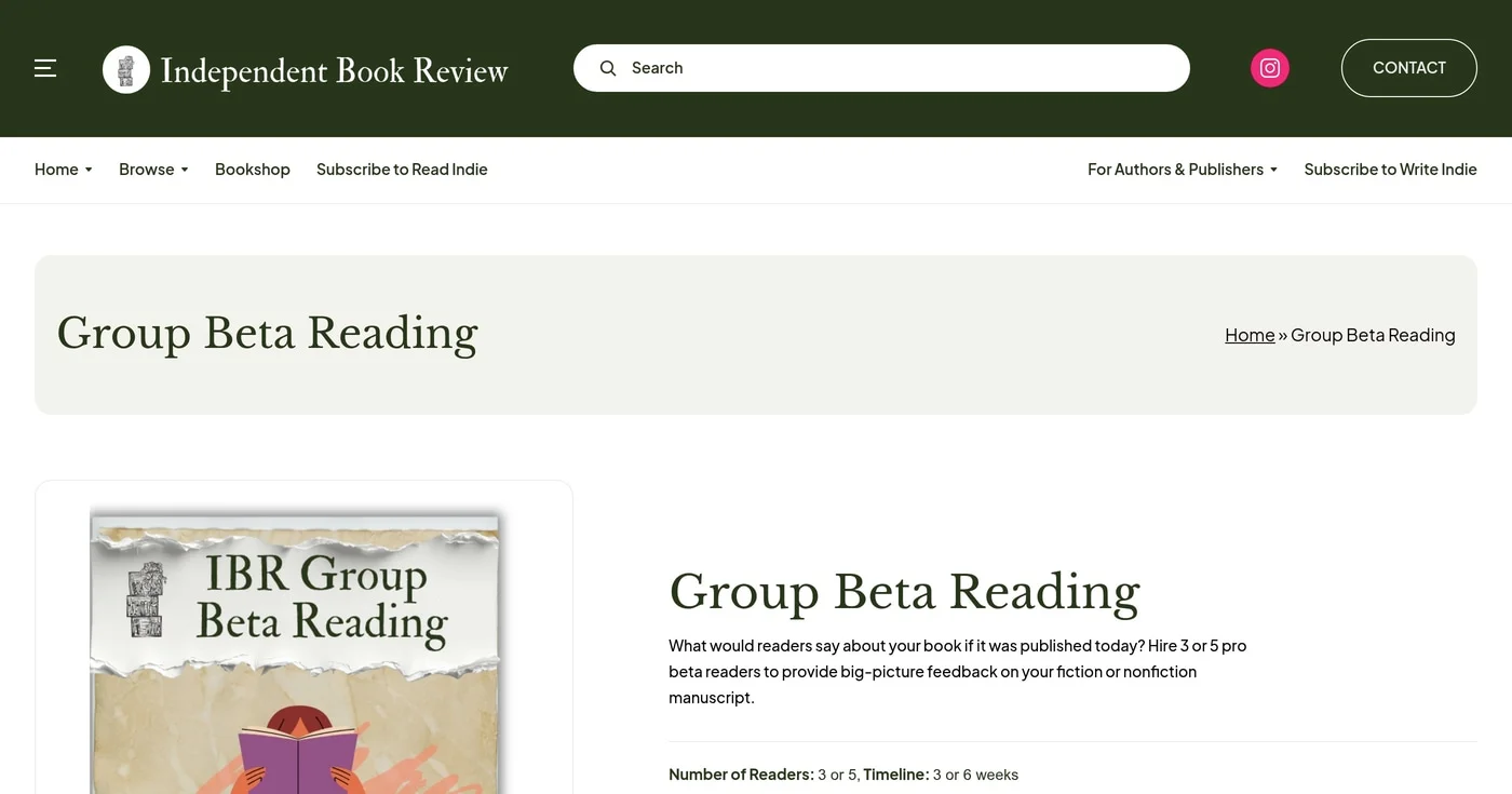 Independent Book Review group beta reading page