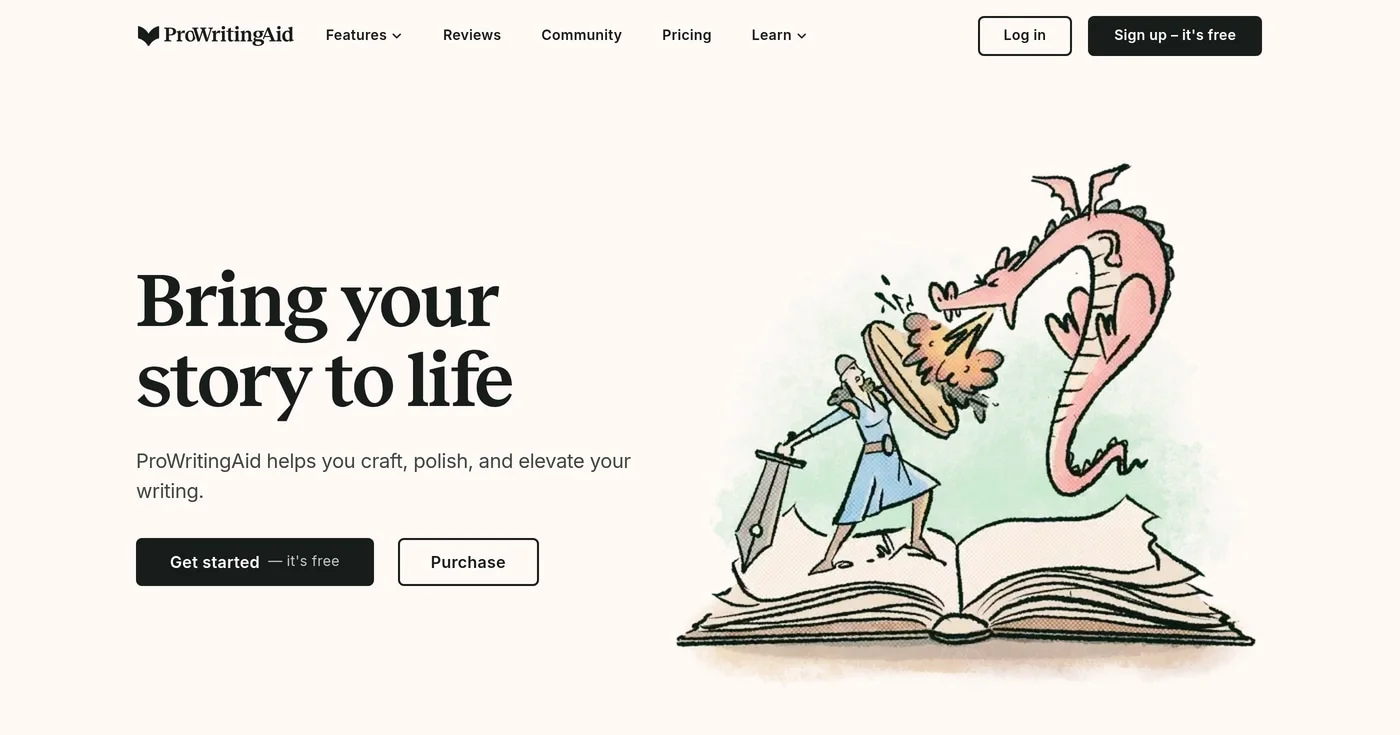 ProWritingAid homepage showing writing analysis and style improvement tools