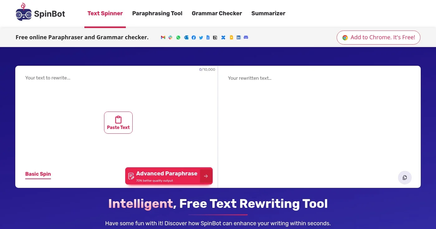 Screenshot of SpinBot homepage
