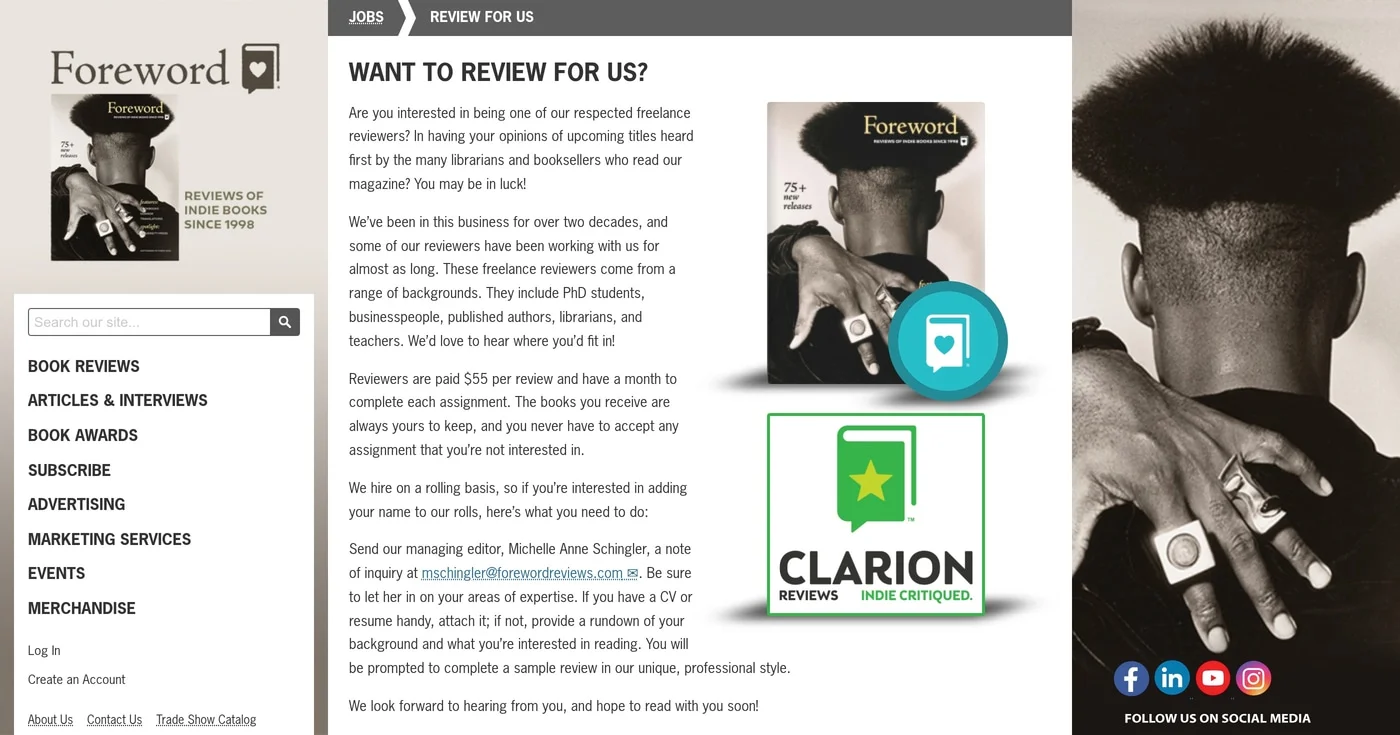 Foreword Reviews freelancer jobs page showing $55 per review