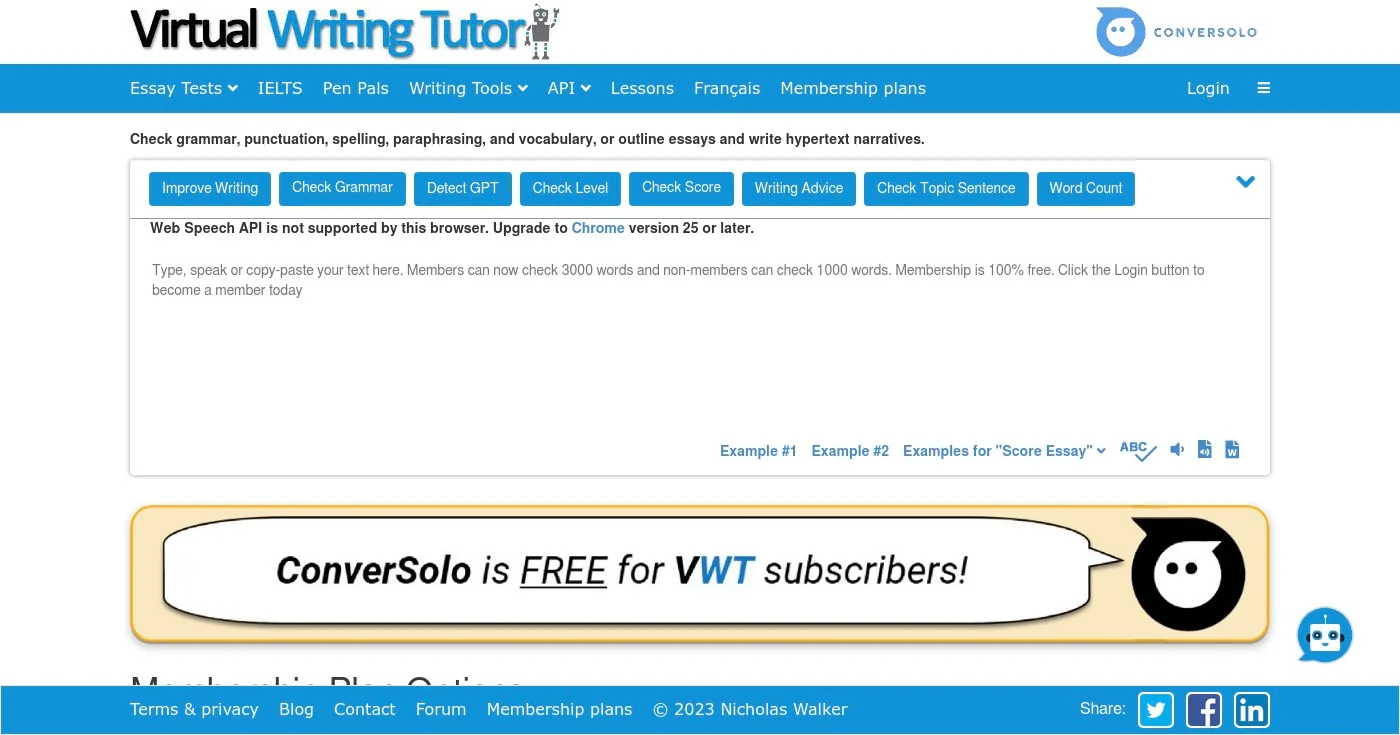 Screenshot of Virtual Writing Tutor homepage