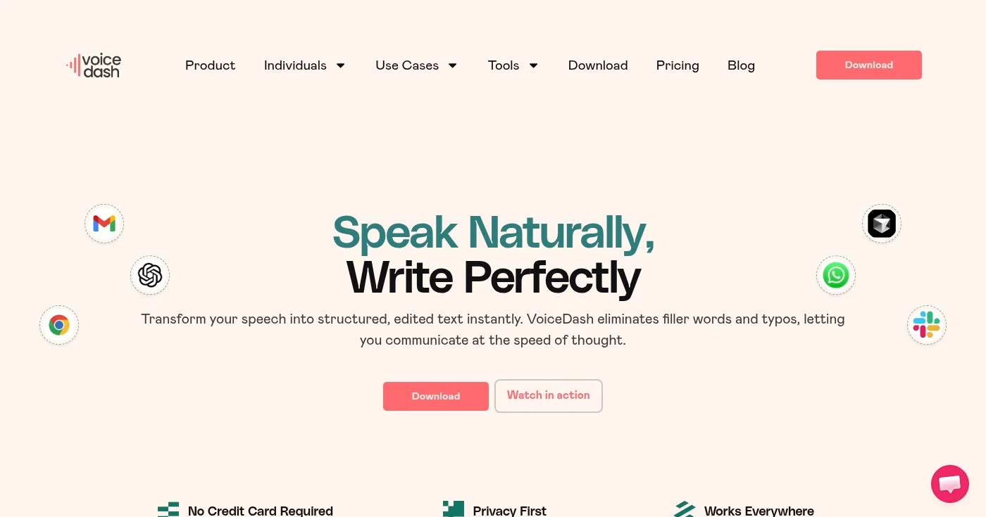 Voice Dash AI dictation software homepage