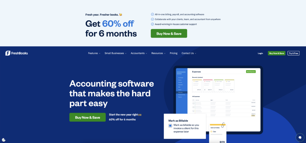FreshBooks homepage, January 2025