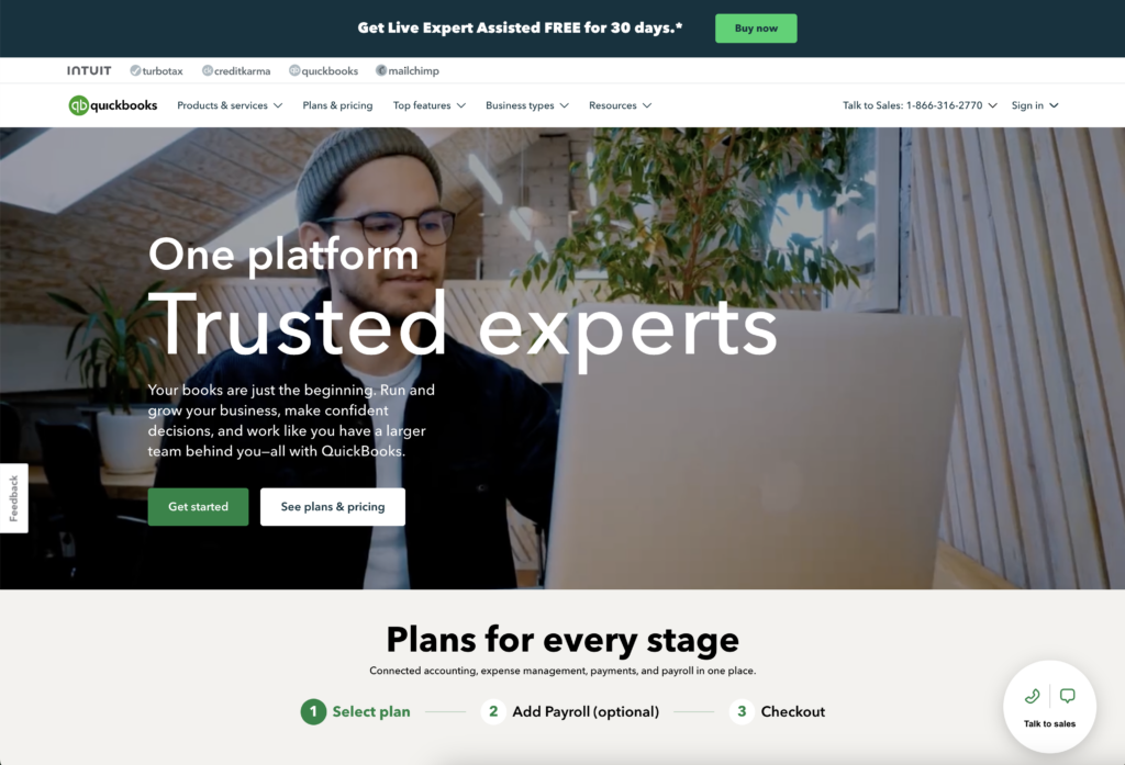 QuickBooks Solopreneur homepage, January 2025